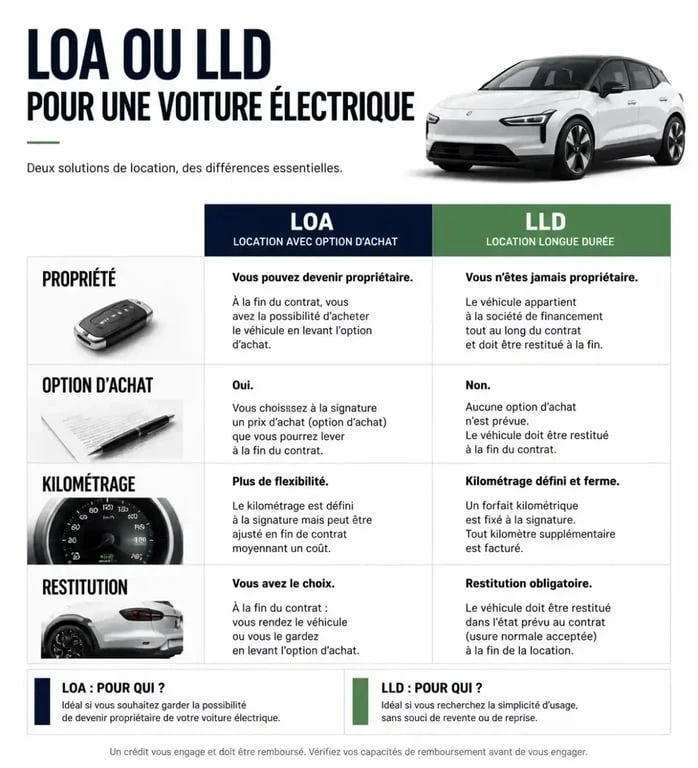 Tableau comparatif des options de leasing Fiat 500 auto leasing : LOA vs LLD
