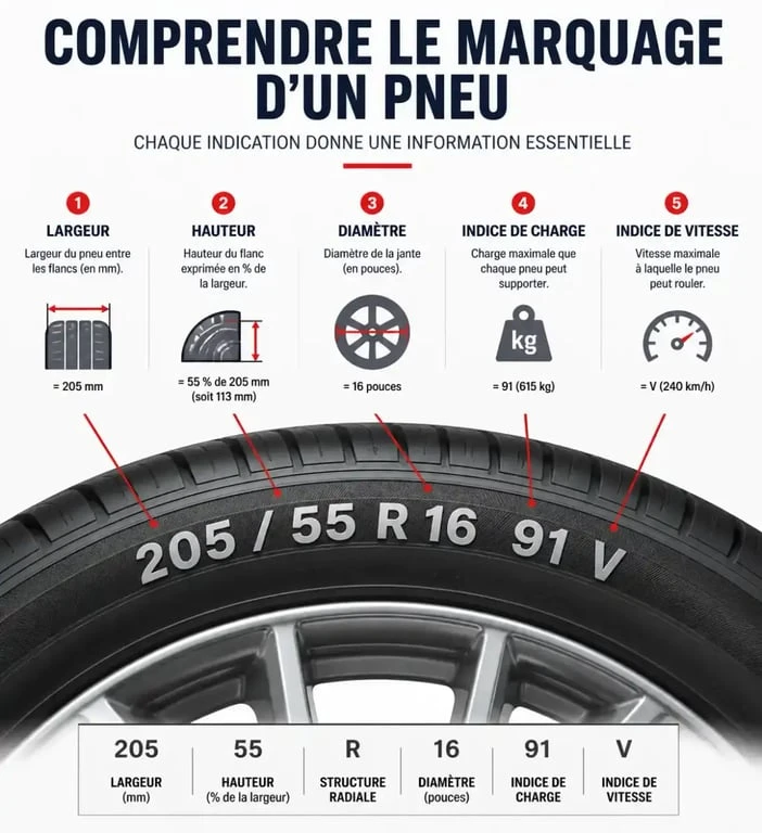 Schéma explicatif du marquage des pneus pour Renault Clio 2 : comprendre la taille des pneus et les indices de charge et vitesse.