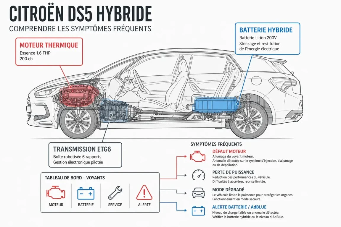 DS5 hybride problème : schéma simplifié des composants et voyants d’alerte