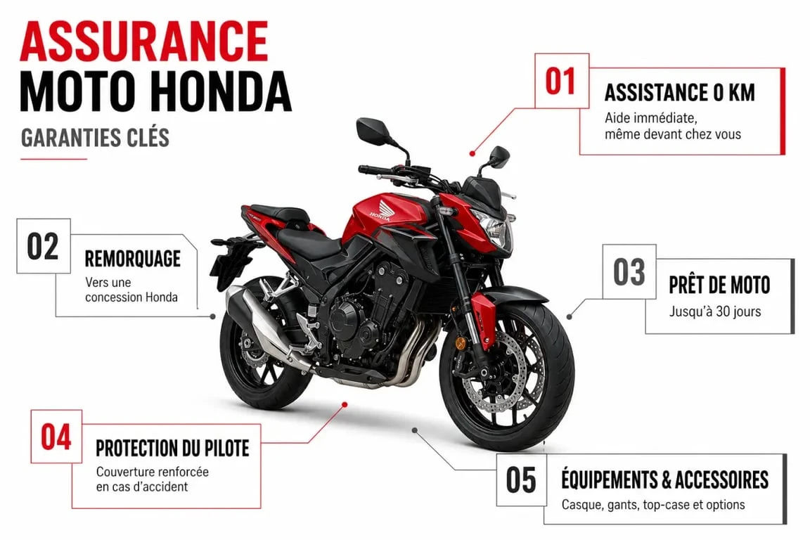 Assurance moto Honda : garanties clés, assistance 0 km et protection du pilote en visuel éditorial