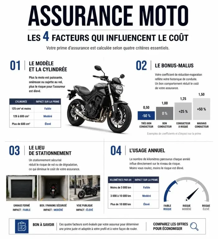 Infographie des facteurs influençant le prix de l'assurance moto CFMOTO
