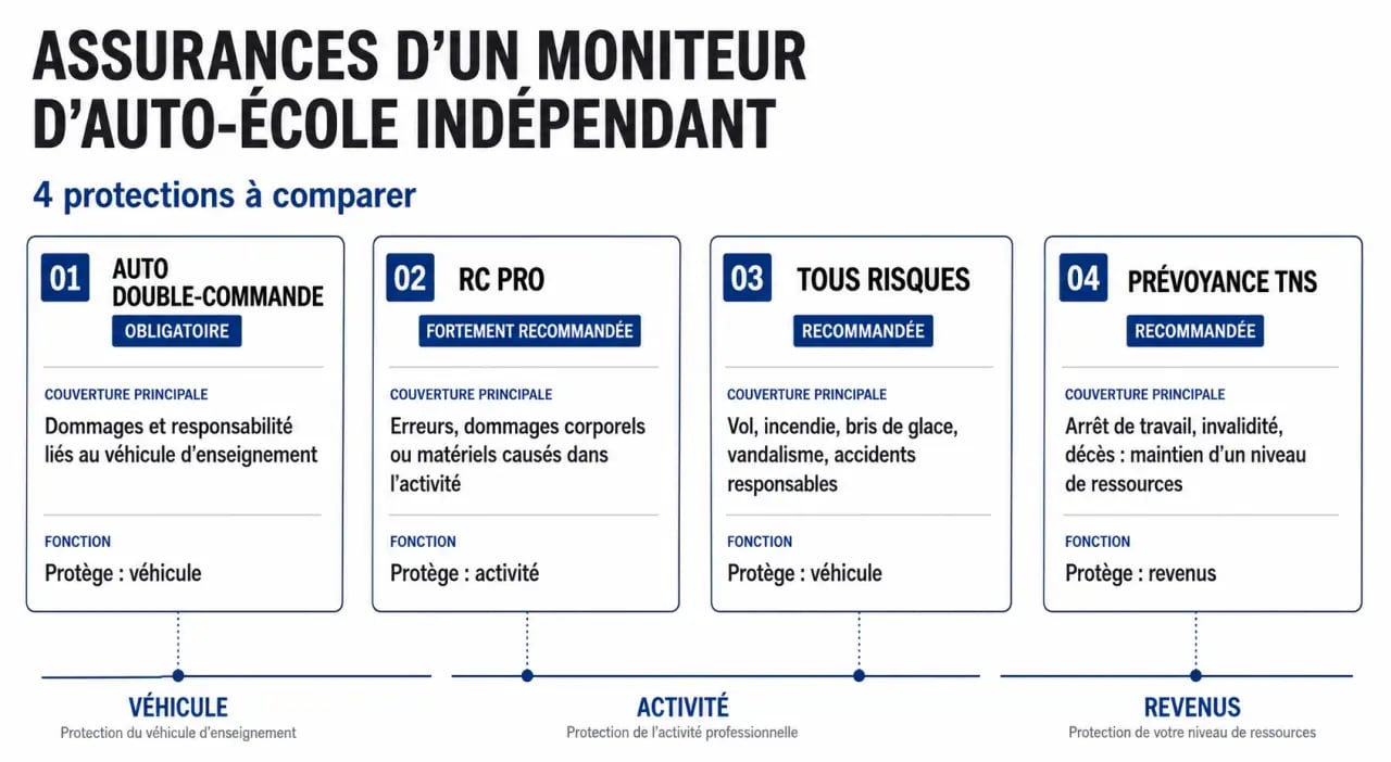 Devenir moniteur d’auto-école indépendant : quelles assurances choisir, comparatif visuel des assurances auto, RC Pro, prévoyance TNS et tous risques
