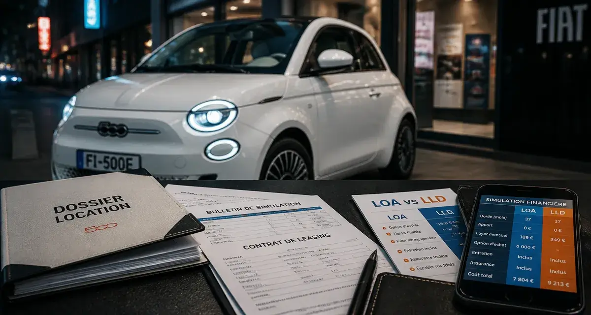 Fiat 500 auto leasing devant une concession, dossier LOA/LLD et smartphone financier