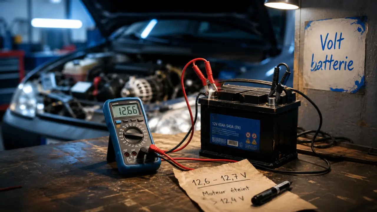Volt batterie voiture: 12,6V repos, 14,7V moteur tournant