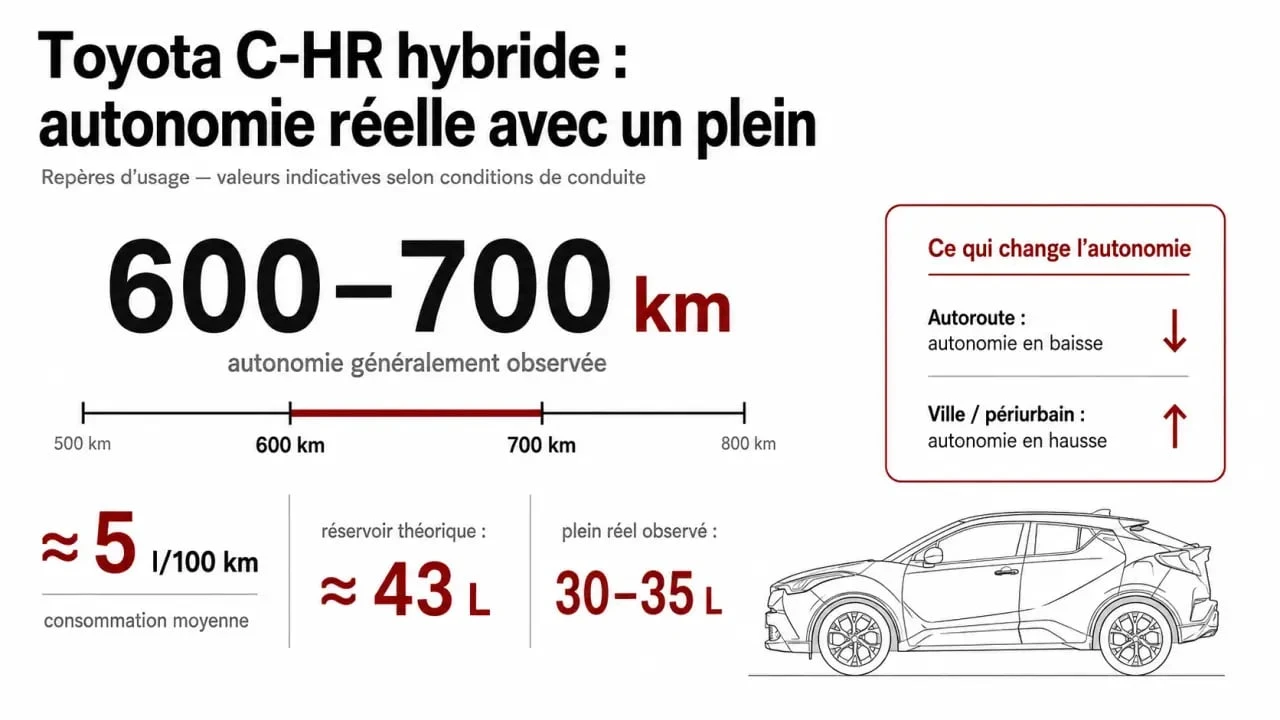 Infographie sur combien de km avec un plein Toyota C-HR hybride