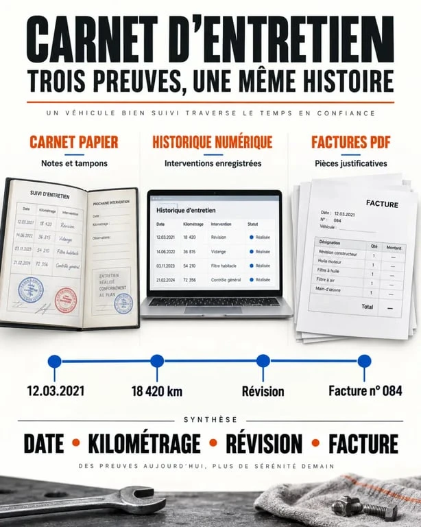 Carnet entretien voiture : comparaison visuelle entre carnet papier, historique numérique et dossier de factures