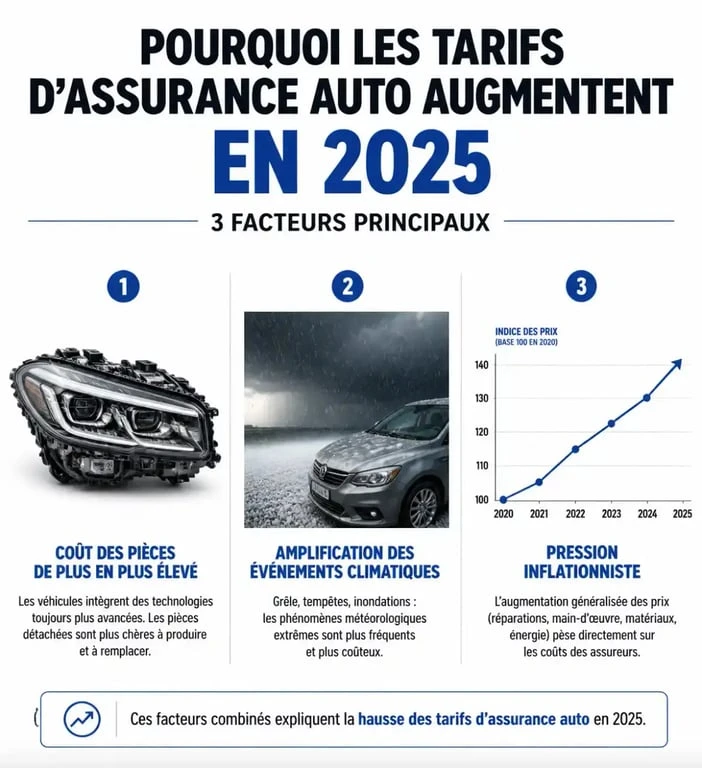 Facteurs expliquant l'augmentation assurance auto 2025 : pièces détachées, risques climatiques et inflation