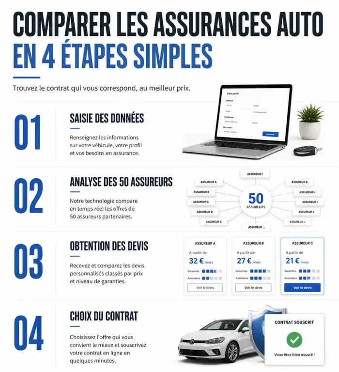 Infographie explicative du fonctionnement de le lynx assurance auto pour comparer les devis