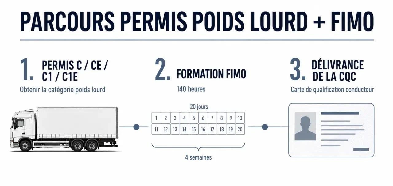 Permis poids lourd fimo : parcours de formation du permis C à la FIMO puis à la CQC avec durées clés