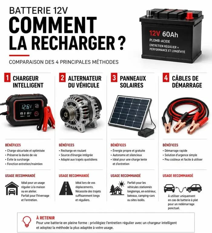 Recharger une batterie 12V avec chargeur, alternateur, solaire ou câbles de démarrage