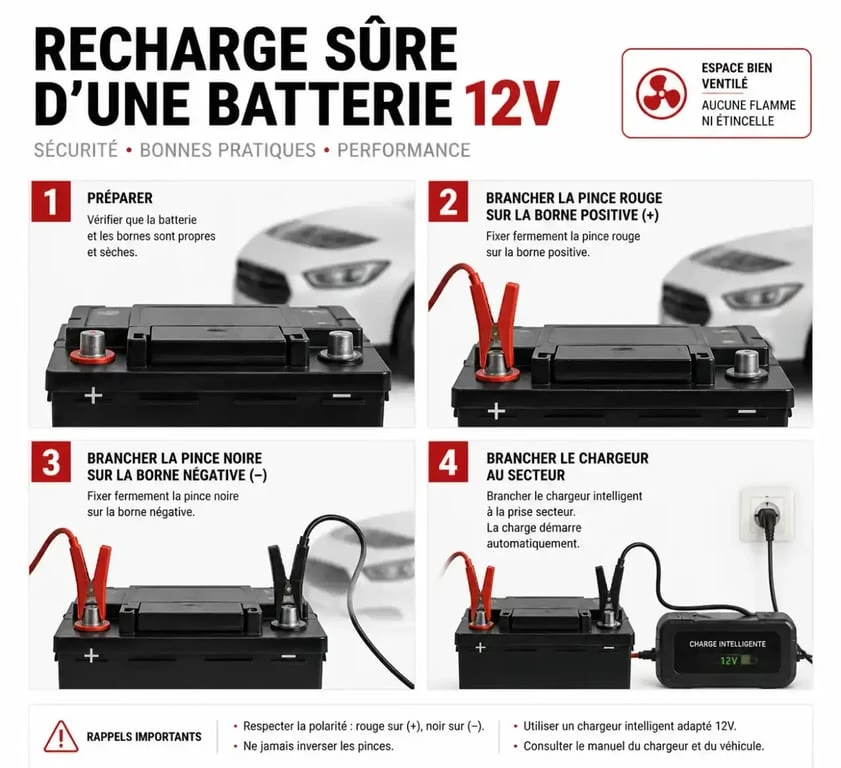 Recharger une batterie 12V en respectant l'ordre de branchement des pinces et la ventilation