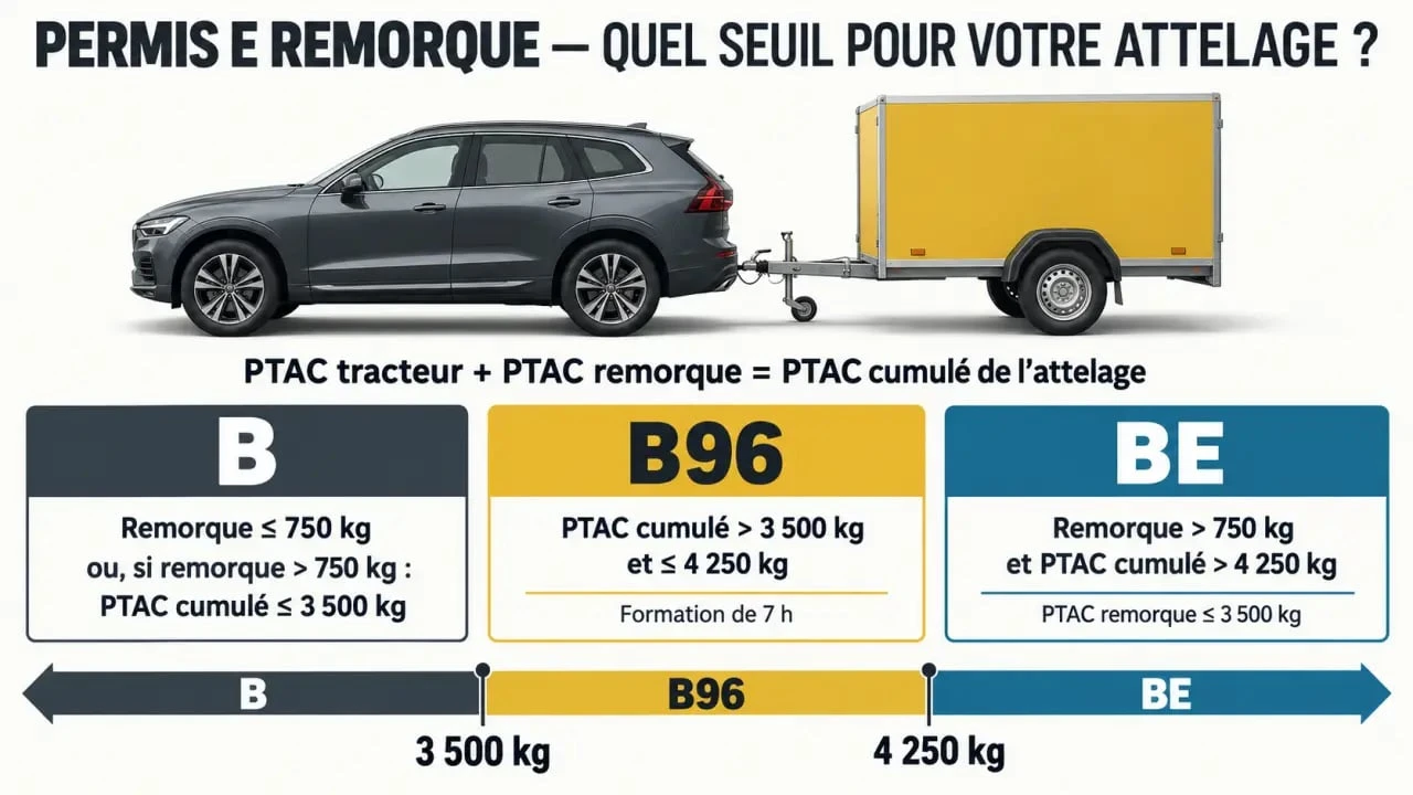 Infographie des seuils du permis e remorque B, B96 et BE selon le PTAC de l'attelage