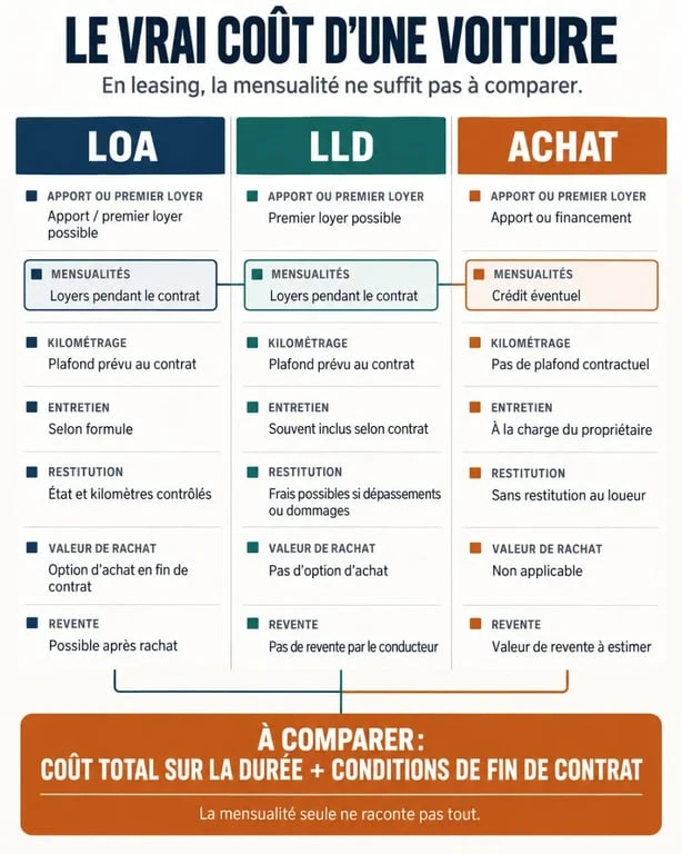 Infographie comparative pour comprendre les avis sur une voiture en leasing : LOA, LLD ou achat