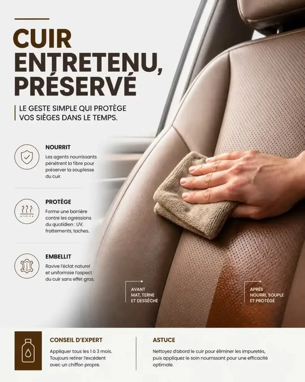 Entretien cuir voiture : application d'un soin nourrissant sur un siège en cuir