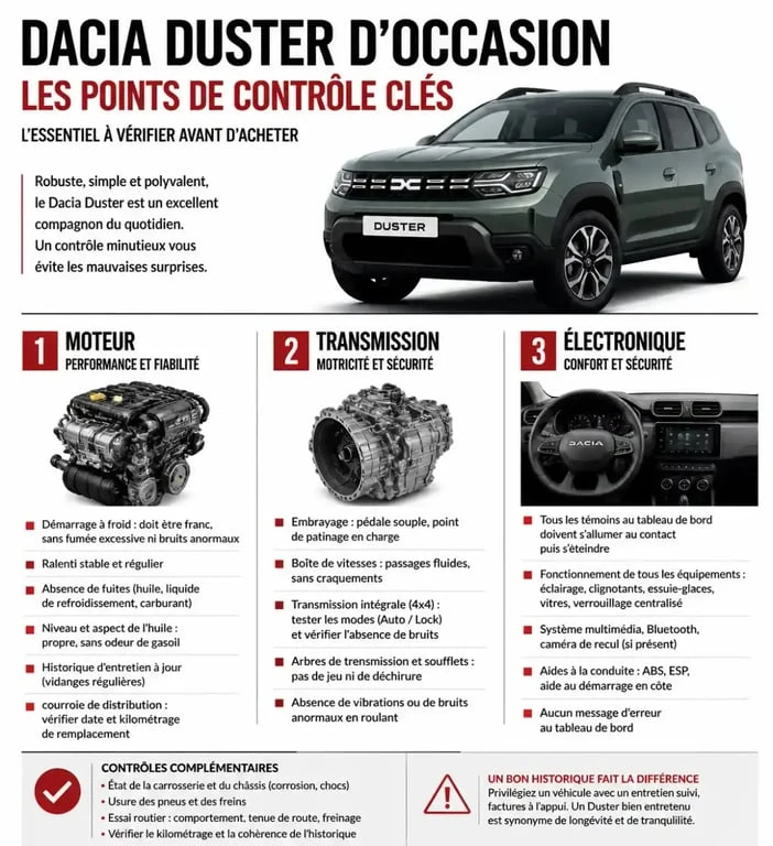 Infographie des points de contrôle pour la fiabilité du Dacia Duster d'occasion