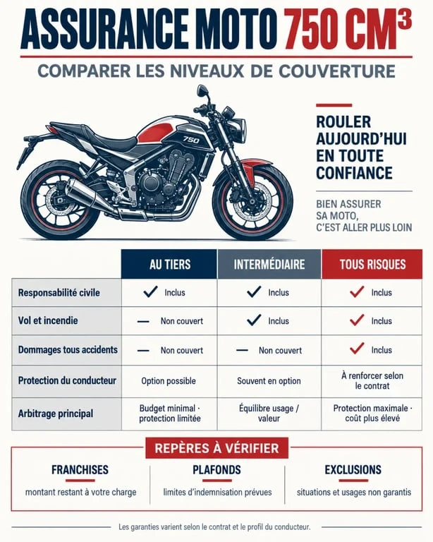 Infographie sur l’assurance moto 750 cm3 et les niveaux de garanties au tiers, intermédiaire et tous risques