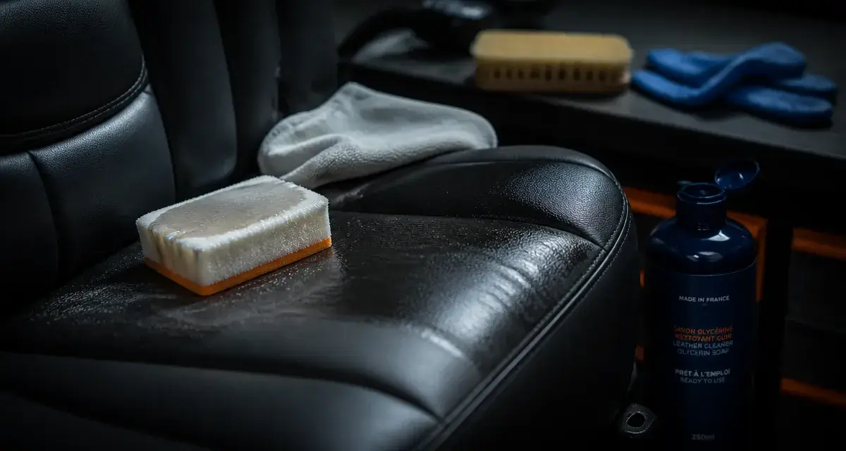 Entretien cuir voiture : siège en cuir noir trop brillant après nettoyage mal fait