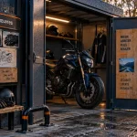 Abri moto fermé avec portes battantes, moto sous abri
