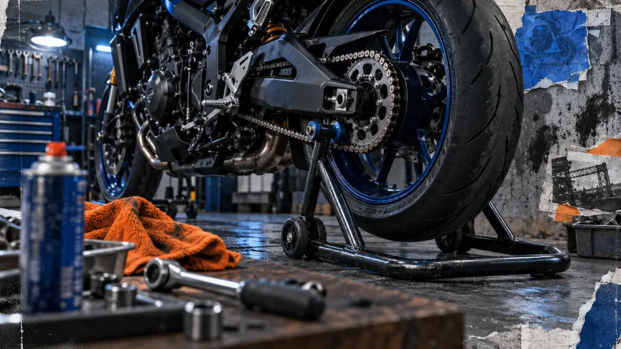 Béquille atelier moto : roue arrière suspendue et appui sécurisé