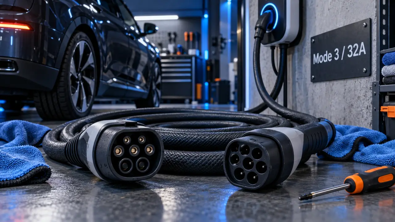 Câble voiture électrique type 2 Mode 3 32A, connecteur Type 2 près d’une borne