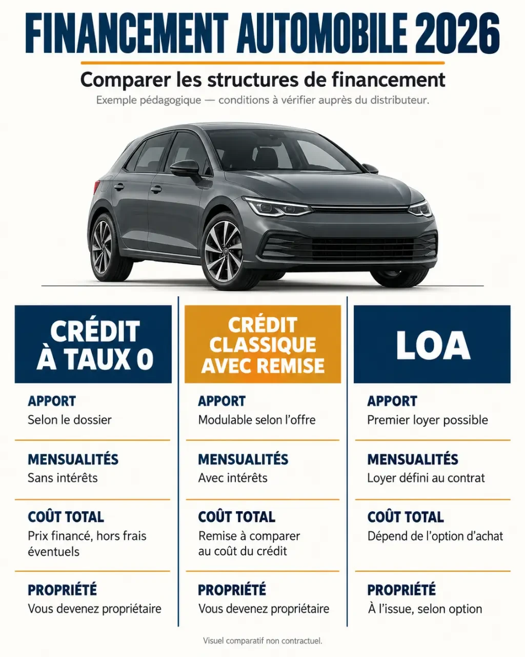 Infographie sur le crédit auto taux 0 Volkswagen 2026 et les différences avec un crédit classique et une LOA