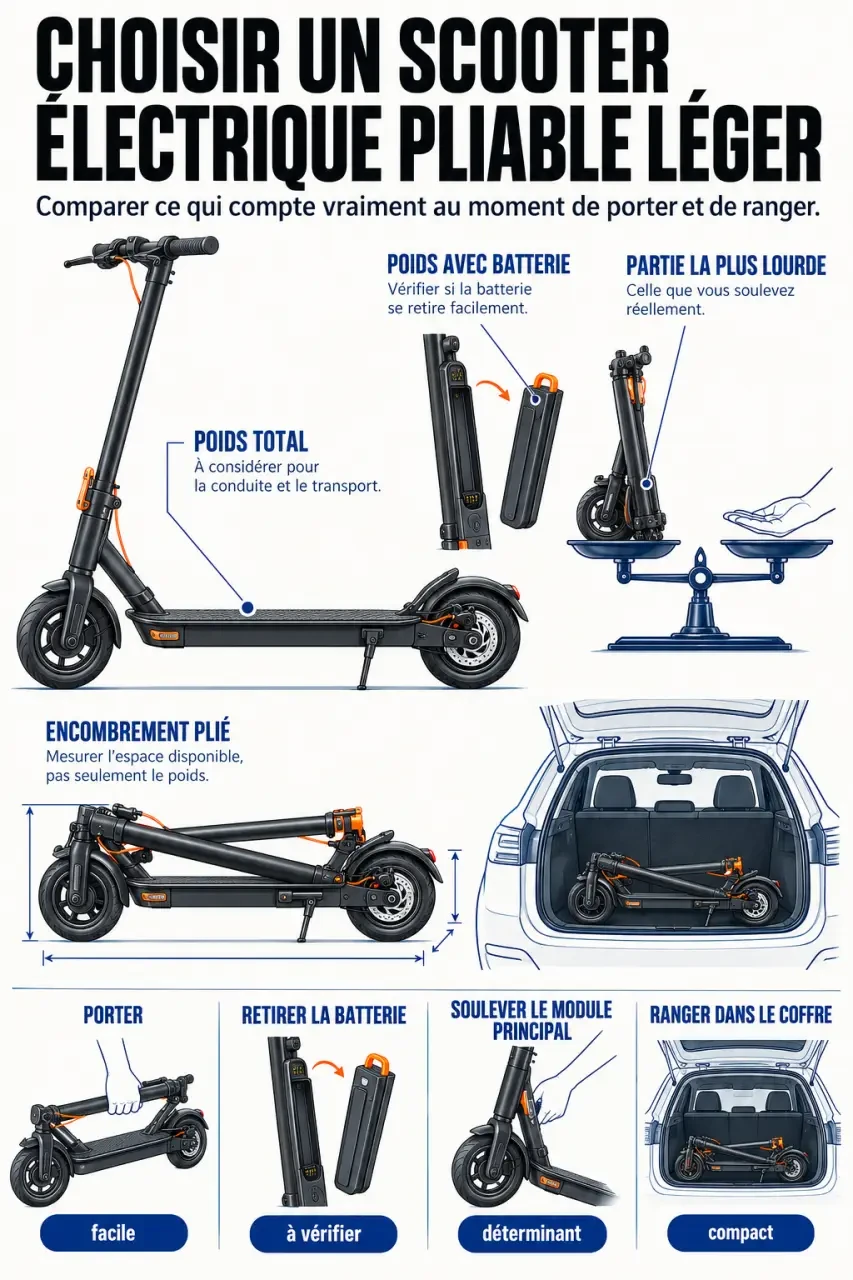 Infographie pour choisir un scooter électrique pliable léger selon le poids de la partie la plus lourde et l’encombrement plié