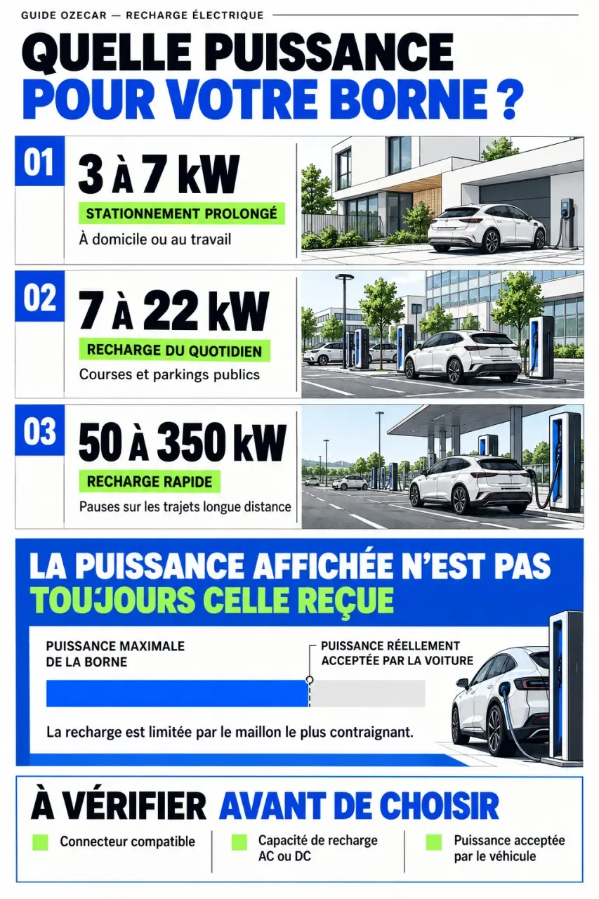 Infographie sur le choix d'une borne de recharge OZECAR selon la puissance et l'usage