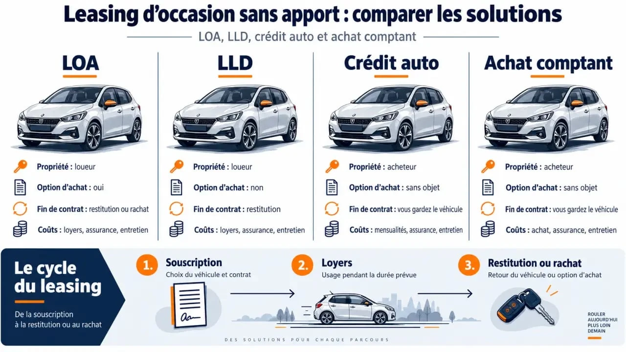 Infographie comparative du leasing voiture occasion sans apport entre LOA, LLD, crédit auto et achat comptant