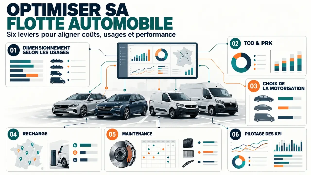 Infographie sur l’optimisation flotte automobile et ses principaux leviers de pilotage