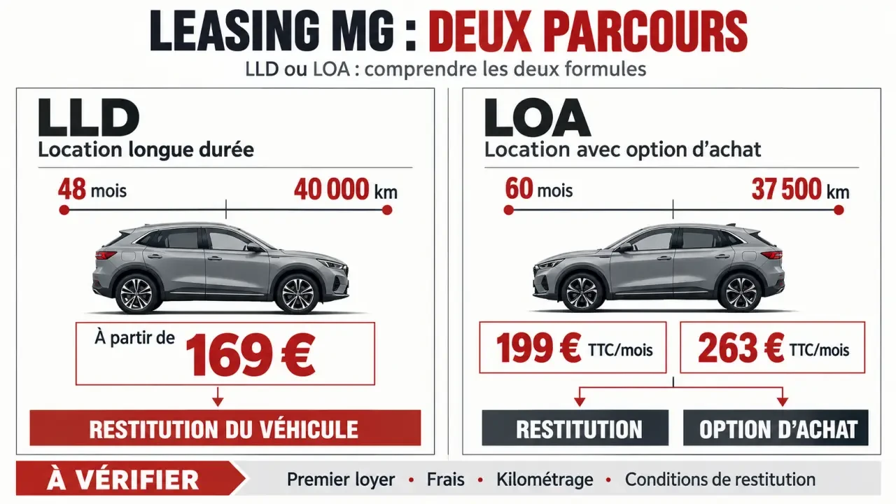 Infographie sur le mg leasing : différences entre LLD et LOA, loyers, durée et kilométrage
